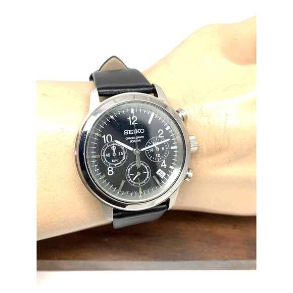 Seiko Men's Watch SSB007 Quartz Chronograph Black Dial Leather Strap 40mm - Picture 11 of 14